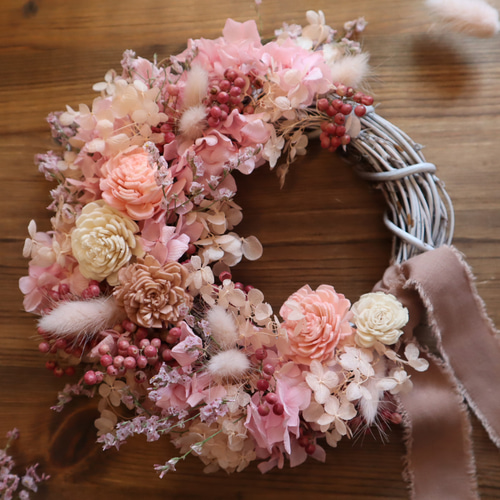 優しいピンクのドライフラワーリース リース MOOI -dried flower- 通販