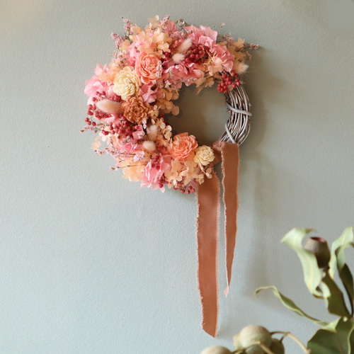 優しいピンクのドライフラワーリース リース MOOI -dried flower- 通販