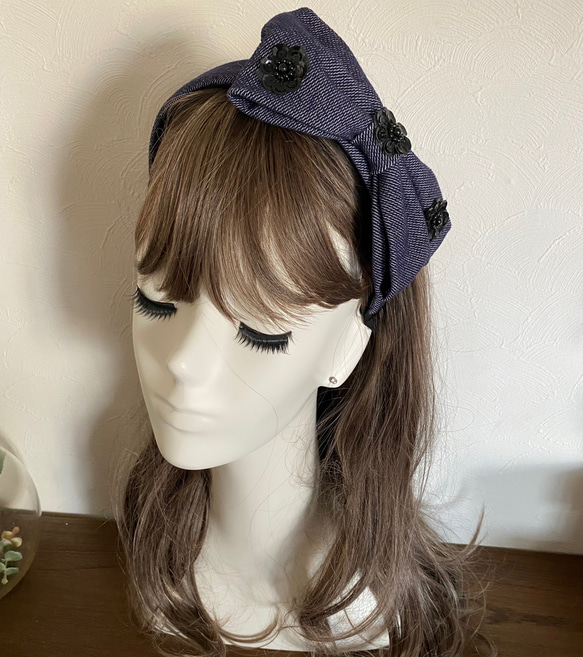 blue softdenim flower headband 3枚目の画像