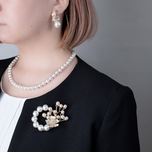 選べる！ピアスと貝パールネックレス、ブローチ3点セット 卒業式 入学