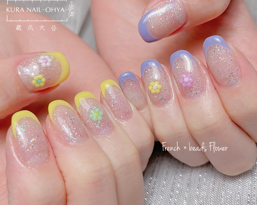 ビーズフラワーネイル♡/ビーズ/フラワー/花/パステルカラー/フレンチ