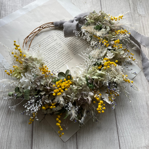ミモザとパンパスグラスのふわふわリース 〜ドライフラワー〜 リース