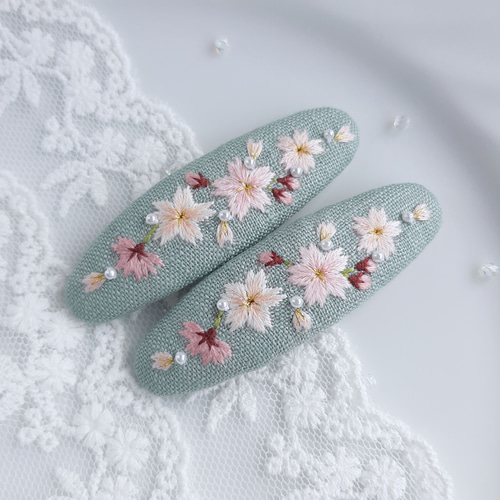 大人可愛い 桜の季節 刺繍パッチンピン 桜刺繍パッチン留め 桜ヘアピン