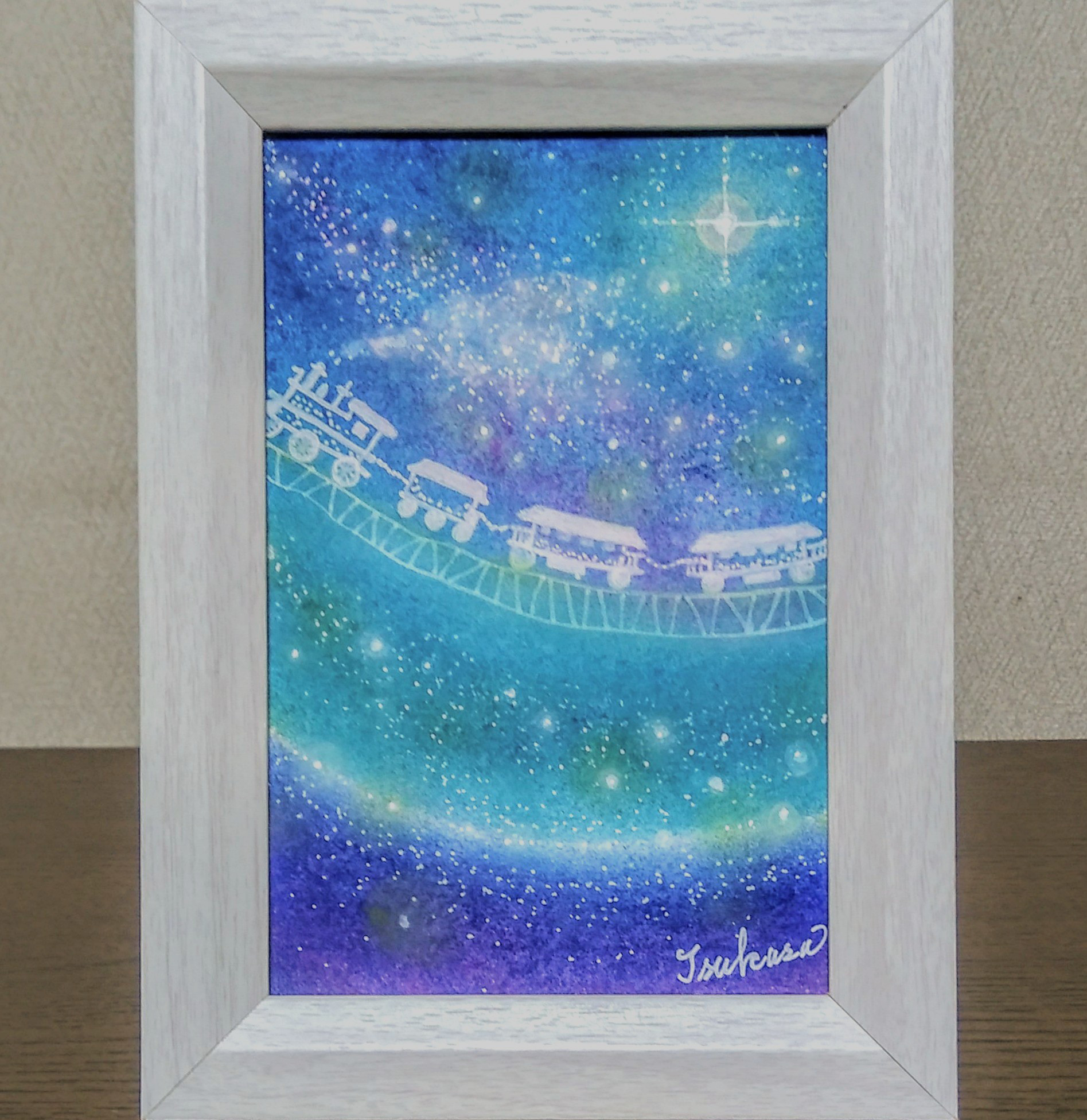 遥かなる銀河3 ハンドメイドパステル画　絵画アート原画 銀河鉄道 ロマンと希望に出会う夜空 【原画】オイルパステルアート