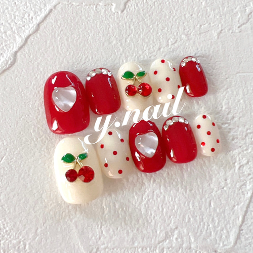 157 オーダー　ネイルチップ　ワンホンネイル　さくらんぼネイル　ガーリーネイル さくらんぼネイル/ガーリーネイル/韓国ネイル/ワンホンネイル ネイル