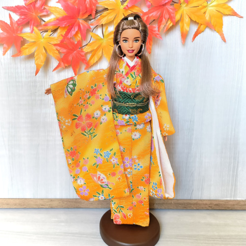 振袖＊長尺トールサイズ☆袷着物 吉祥文模様落款有 黄土色 10RY22