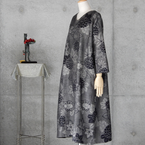 着物リメイク 紬のワンピース/Aライン バルーン フリーサイズ