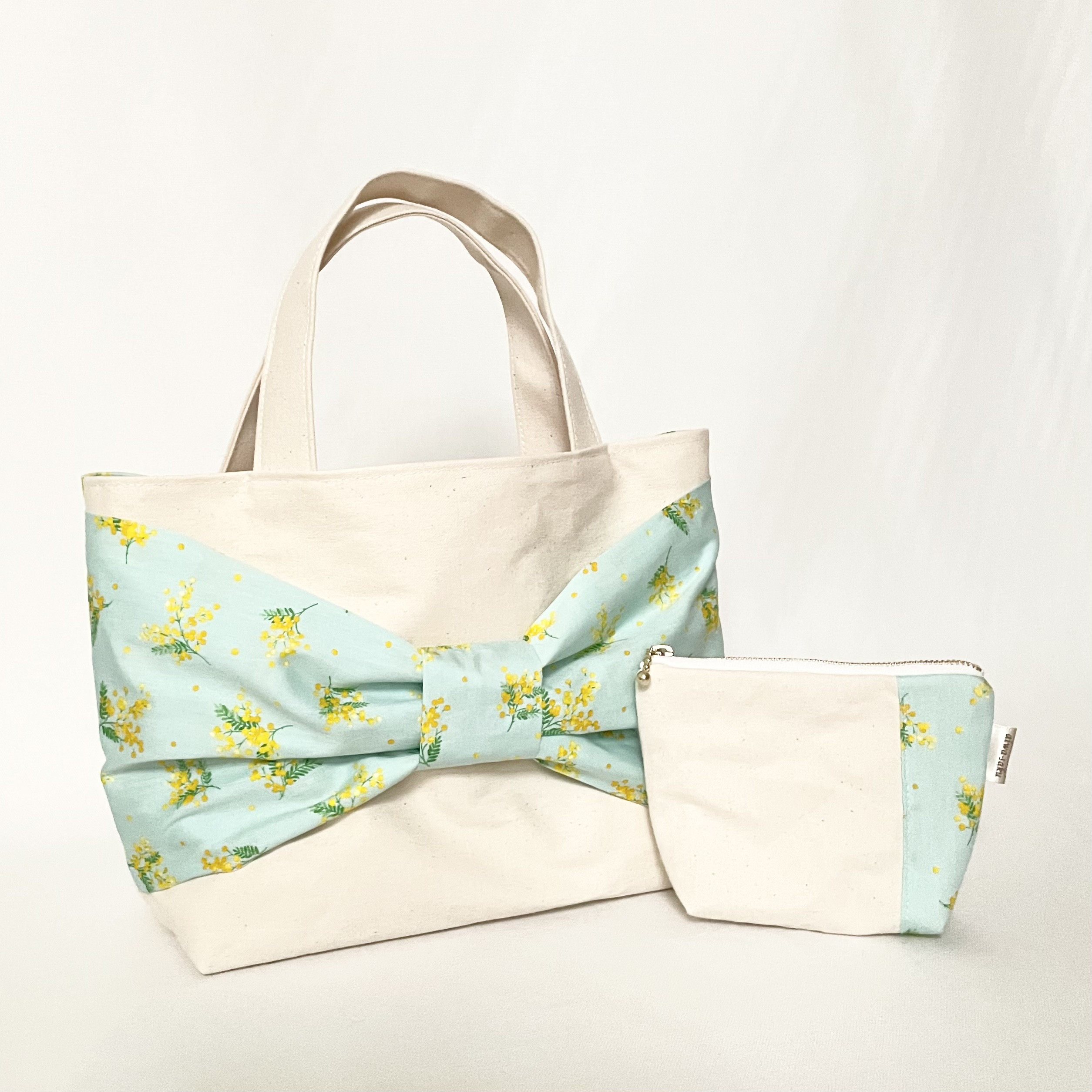 帆布トートバック  ＆　ポーチセット　☆   ミモザ　ミント　2way design