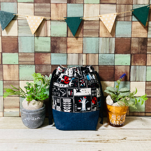 ☆サイズオーダー☆ 忍者柄ブラック レッスンバッグ 上履き袋 コップ袋