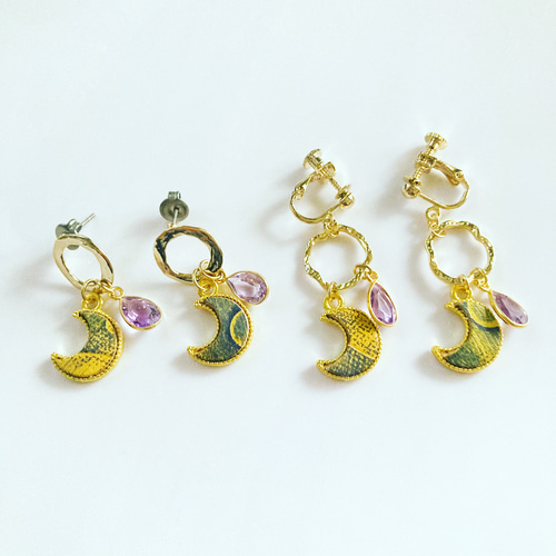 月と雫 『2月誕生石アメシスト』レザーイヤリング ムーン イヤリング