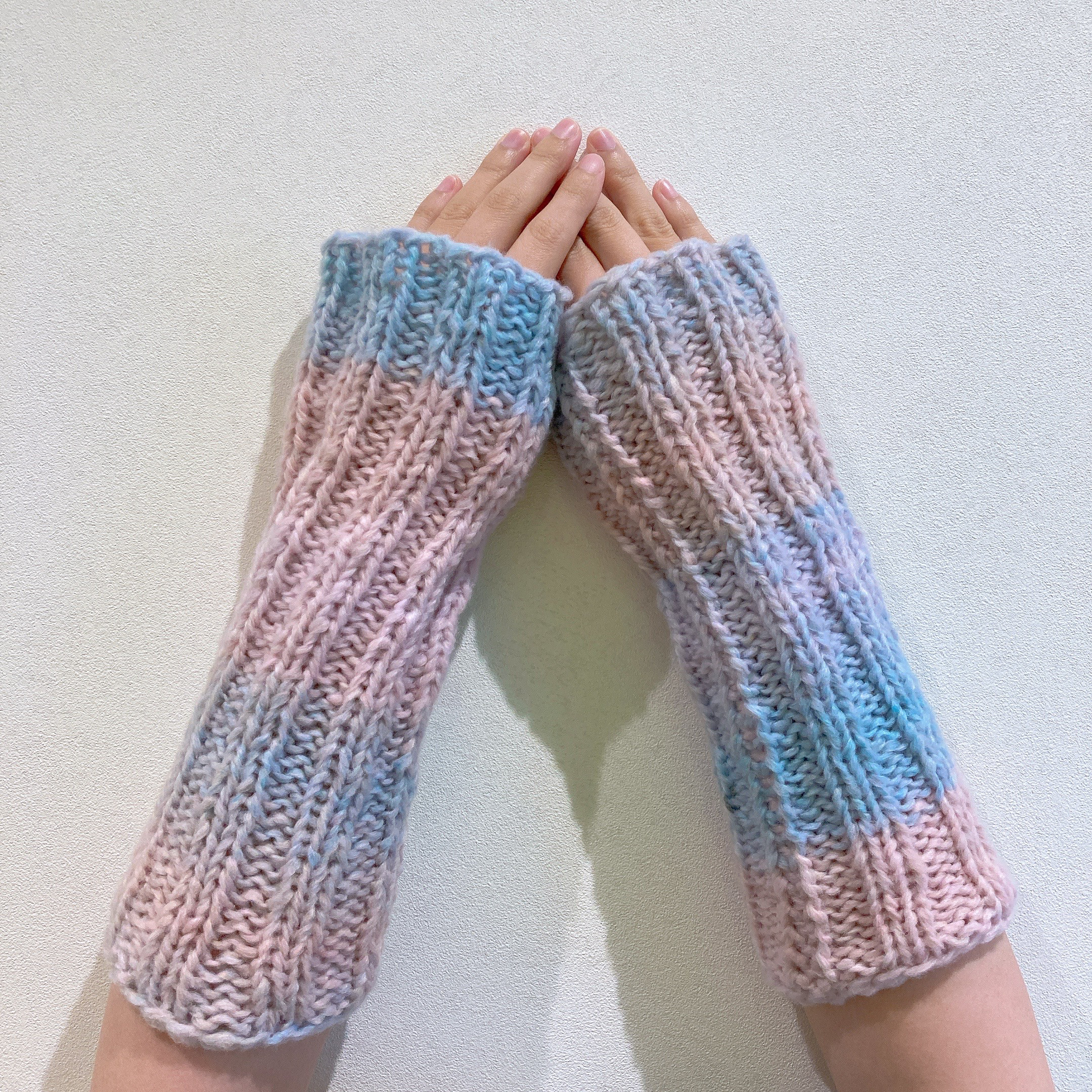 ハンドウォーマー　ピンクブルー　Lサイズ　アームウォーマー　ハンドメイド　防寒