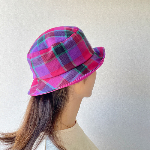 受注製作》ピンク系 4色チェック チェック柄 バケットハット バケハ