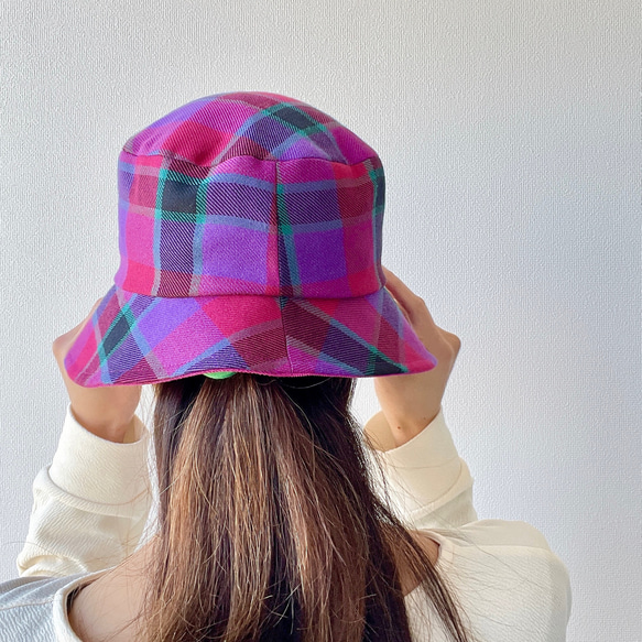 受注製作》ピンク系 4色チェック チェック柄 バケットハット バケハ