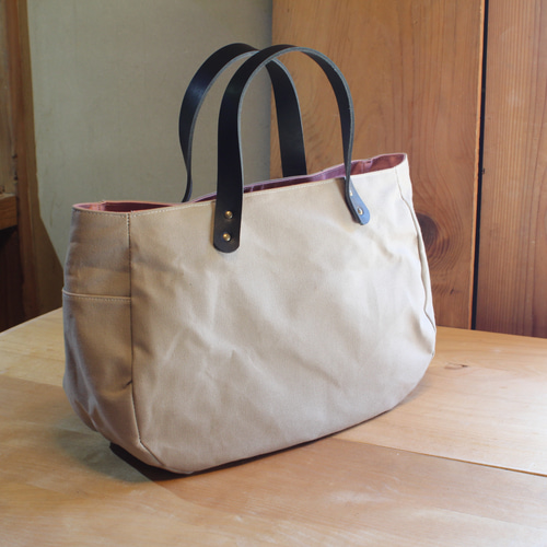 カラーオーダー可能 ころんバッグ 横長サイズ 8号帆布 表地ベージュ