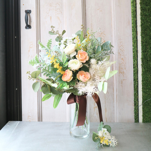 ミモザとカップバラのナチュラルブーケ ブートニア付き 結婚式