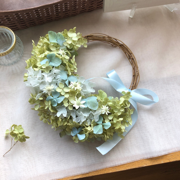 Natural＊グリーンとブルー紫陽花のリース♡ドライフラワーリース  