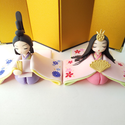 粘土の雛人形 ピンクの春色ひな祭り 樹脂粘土のお雛様 送料無料