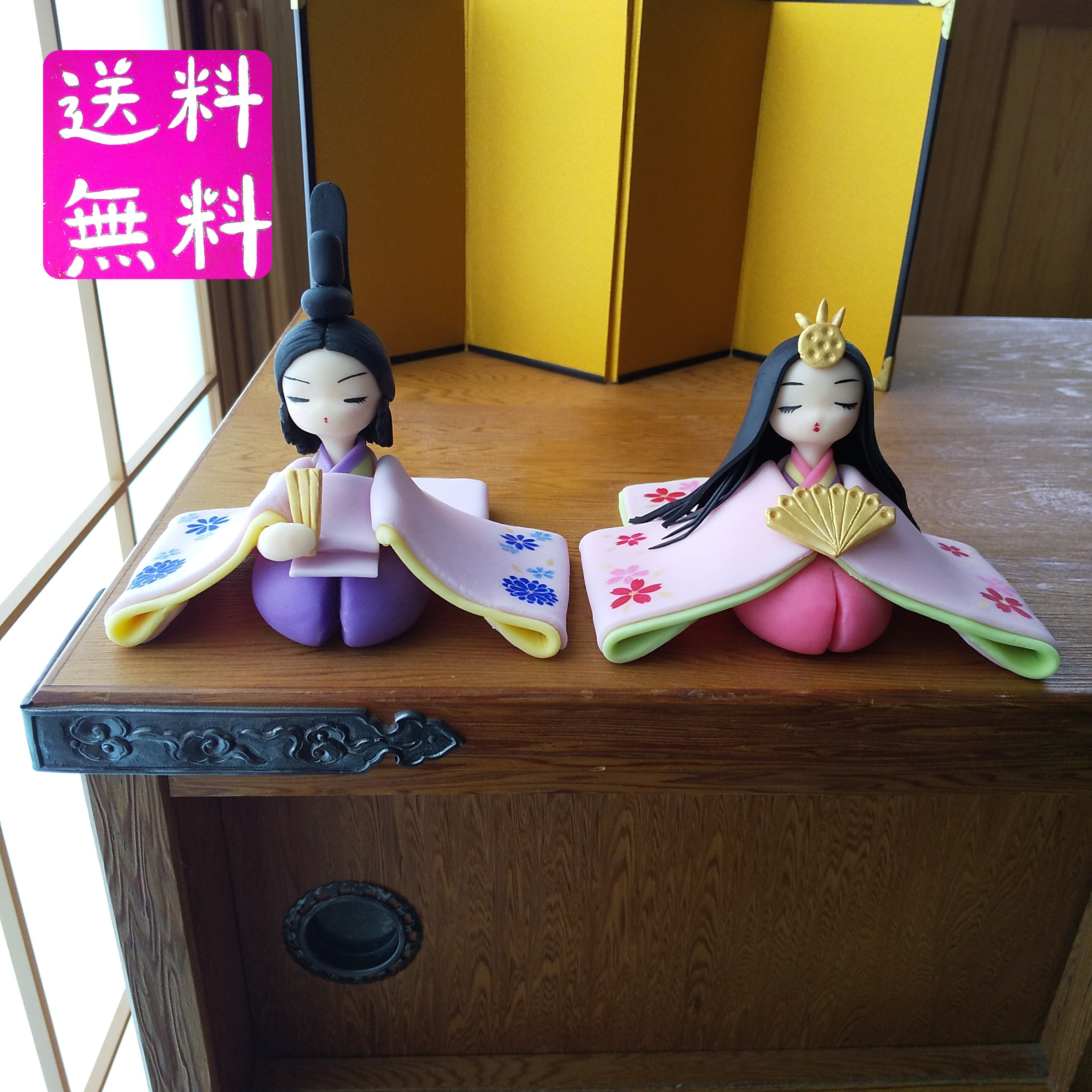 粘土の雛人形　ピンクの春色ひな祭り　樹脂粘土のお雛様　送料無料