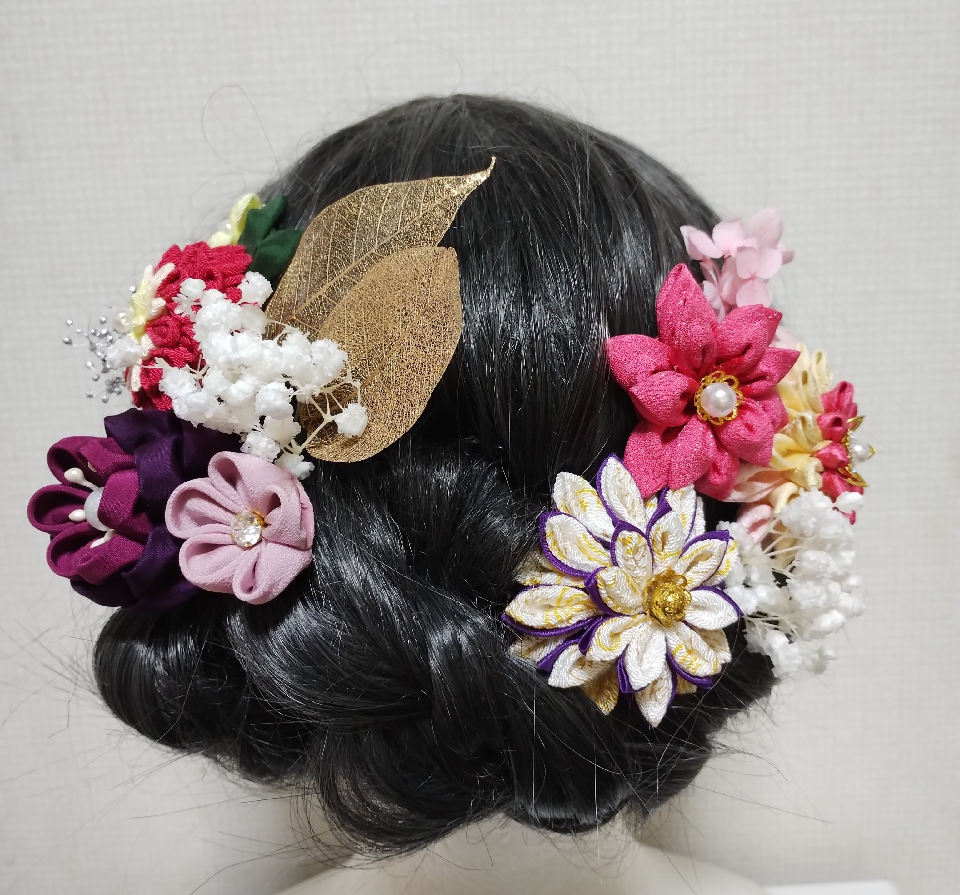 髪飾り　髪飾り紫　髪飾りピンク　成人式髪飾り　卒業式髪飾り　卒園式髪飾り　七五三髪飾り　つまみ細工髪飾り　振袖髪飾り