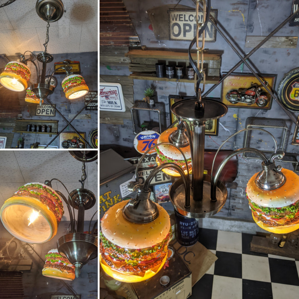 アメリカンダイナー バーガーズ シーリングライト 3灯式 シャンデリアタイプ 天井照明   #店舗什器 ダイニングライト 3枚目の画像