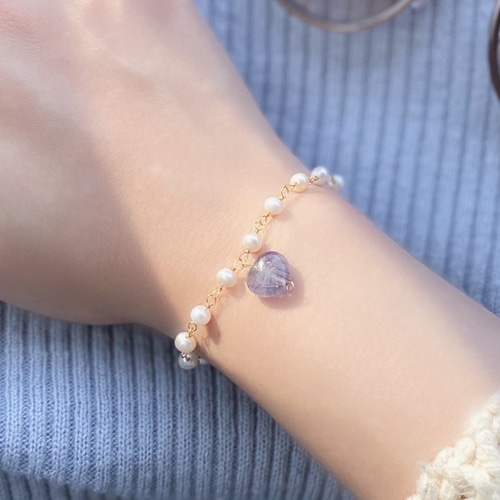 ハートフローライトの淡水パールブレスレット ゴールド（14KGF 