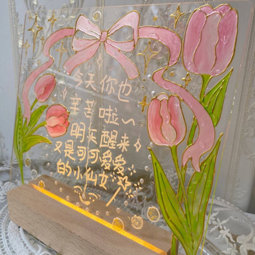 伝言板❤チューリップ姫ライト付き手書き❤手描きの花❤クリアアクリル
