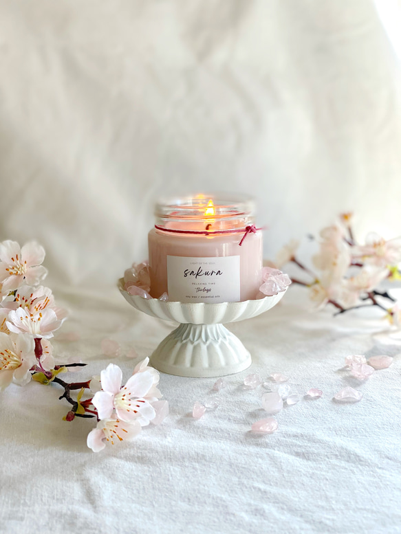 春桜2点セット♪桜のアロマソイキャンドル&ローズクォーツの優しさと愛の癒しを 2枚目の画像
