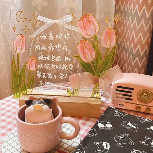 伝言板❤チューリップ蝶ネクタイライト付き❤手描きの花❤クリア