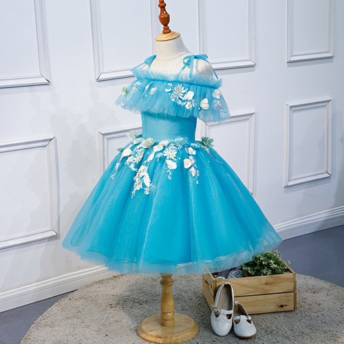 可愛い ハンドメイド 子供服 薄青ロングドレス プリンセスライン