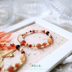 Molla 暖暖棕橘系金草莓太陽石茶晶手環（手工訂製-可調硬式手環） 第3張的照片