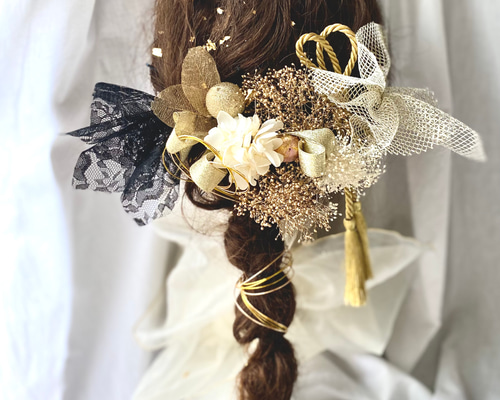 クリアの花と和玉とリボンの髪飾り ビーズ 和玉 成人式 卒業式 袴 かわいい 黒 クリアの花と和玉とリボンの髪飾り ビーズ 和玉 成人式 卒業式