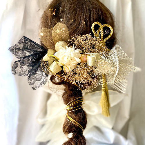 金箔&水引付き 金と黒のチュールと和玉の髪飾り 成人式 結婚式 金箔&水引付き 金と黒のチュールと和玉の髪飾り 成人式 結婚式