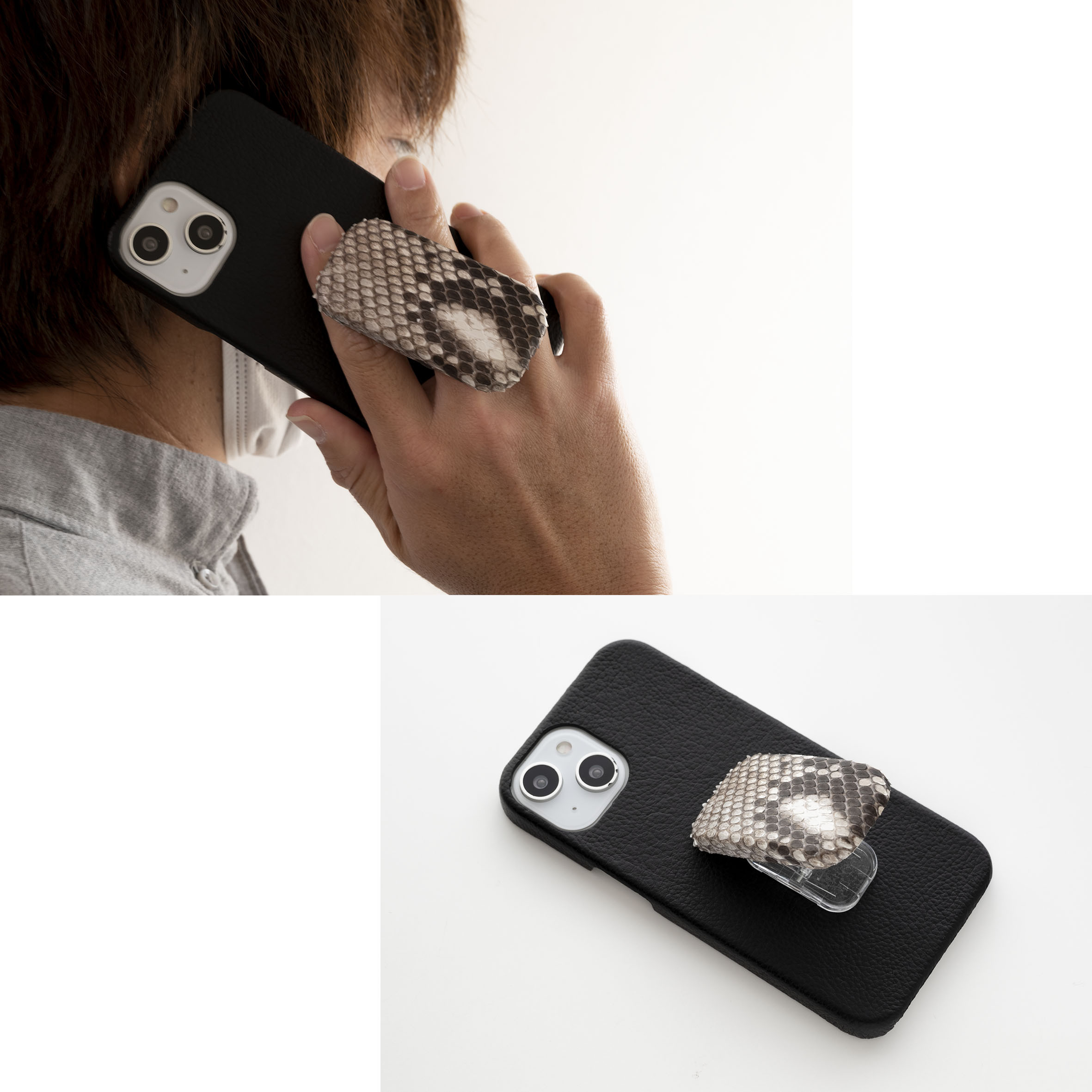 まるっとケース スマホスタンド付き 【 シュリンクレザー × ダイヤモンドパイソン 】 縦動画 横動画 BS25K