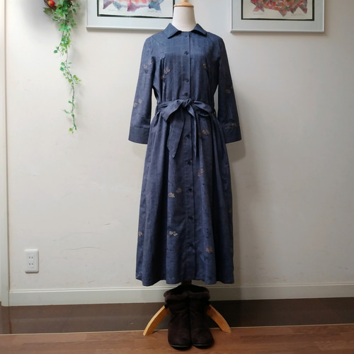 着物リメイクワンピース/M〜L/前開き/七分袖/ハンドメイド ワンピース