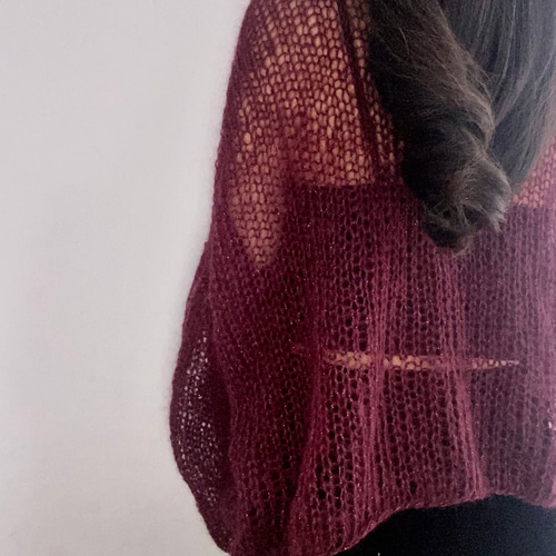 ヴィンテージ hand knitted ラメ モヘア ニット セーター 手編みシアーモヘアニット オーバーサイズ 長め袖 エンジ シルバーラメ
