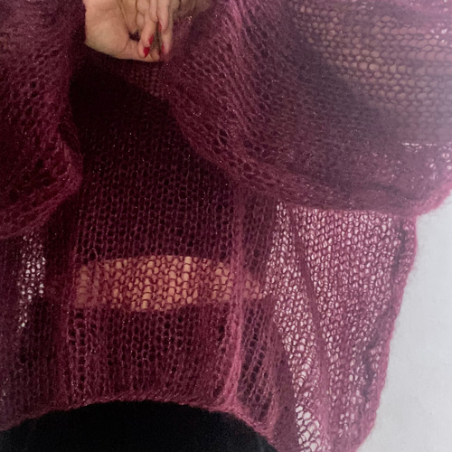 ヴィンテージ hand knitted ラメ モヘア ニット セーター 手編みシアーモヘアニット オーバーサイズ 長め袖 エンジ シルバーラメ