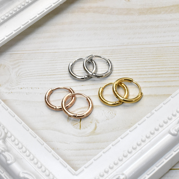 【ピアス500円セール】ワンタッチフープピアス14ｍｍ 金属アレルギーの方に＊安心・安全 サージカルステンレス 1枚目の画像