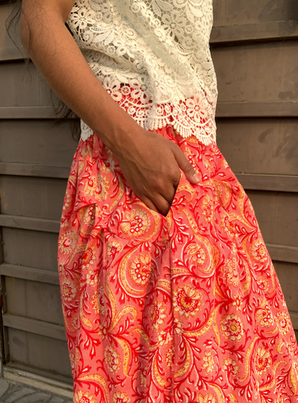 <棚卸SALE１点限り>インド綿切り替えギャザーロングスカート 3枚目の画像