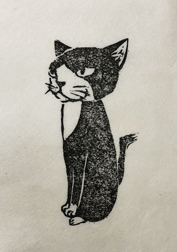 はちわれ黒白ねこちゃん　木版画 1枚目の画像