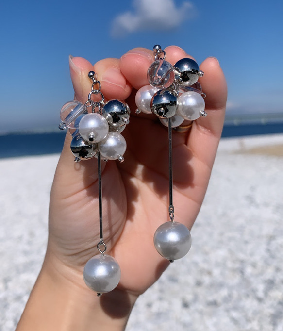 #990 パール シルバー じゃらじゃら ピアス イヤリング ハンドメイド 990 パール シルバー じゃらじゃら ピアス イヤリング ハンドメイド