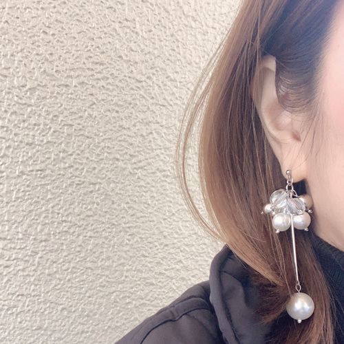 990 パール シルバー じゃらじゃら ピアス イヤリング ハンドメイド