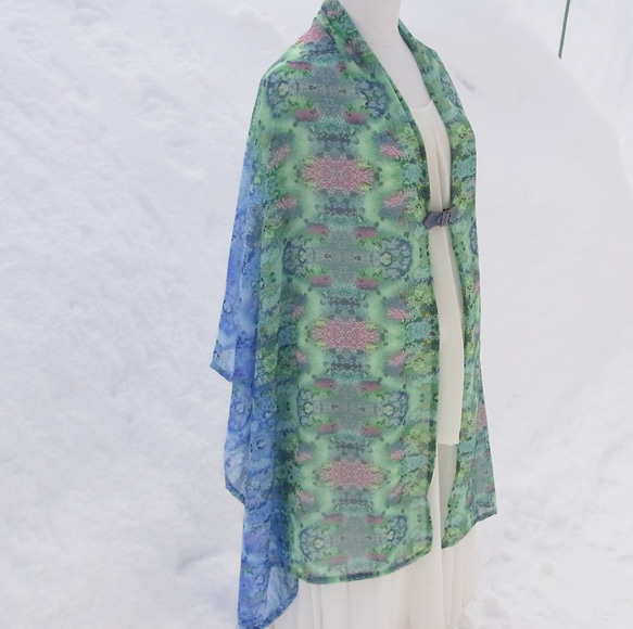 【訂做】雙色雪紡水彩披肩~繡球花藍水花園~ 第5張的照片