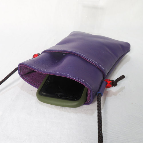 レザーサコッシュ　パープル　着物地使用　スマホショルダー2022