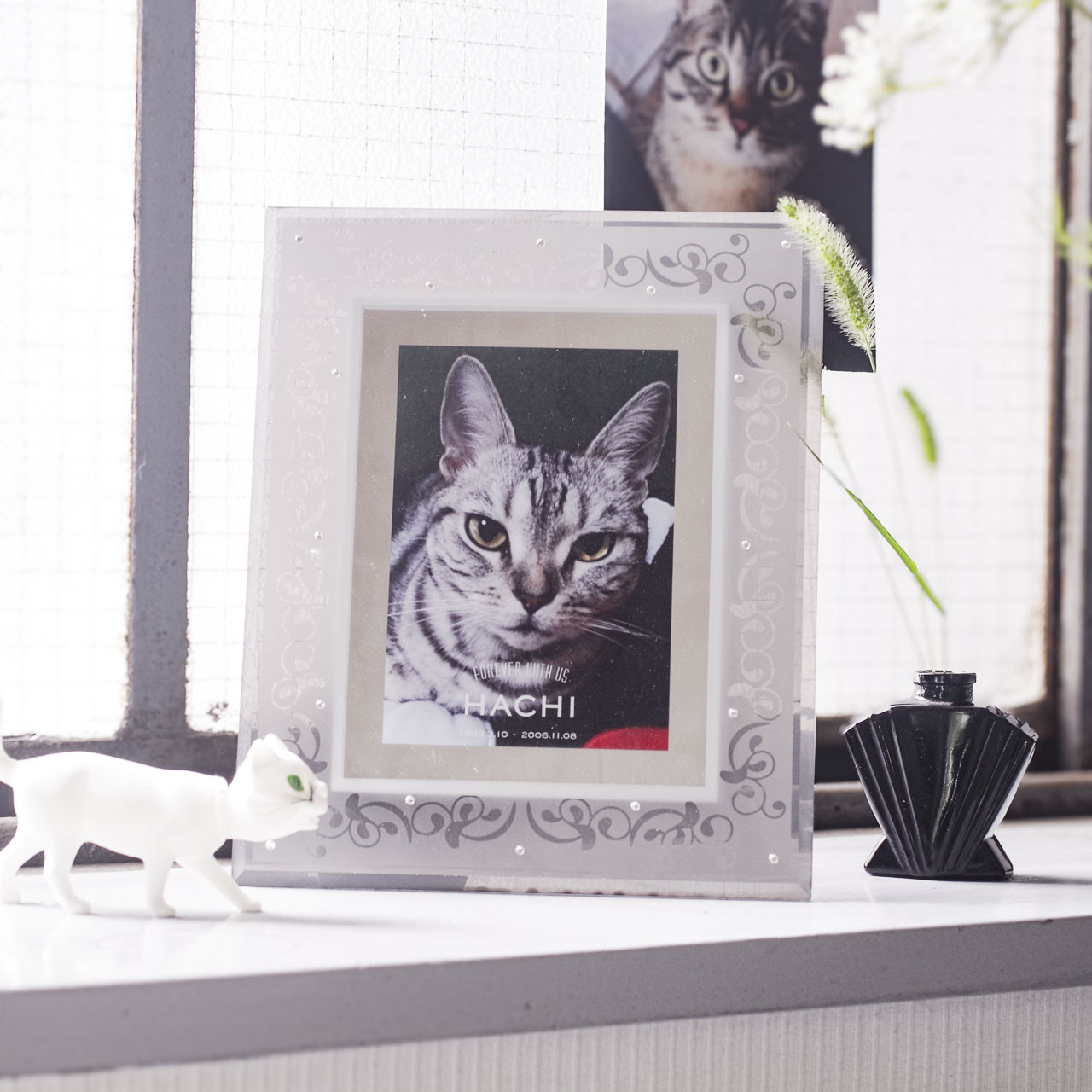 【写真プリント込】ガラスとミラーのフォトフレーム／ブラック／フォトプリント／LC-215-bk