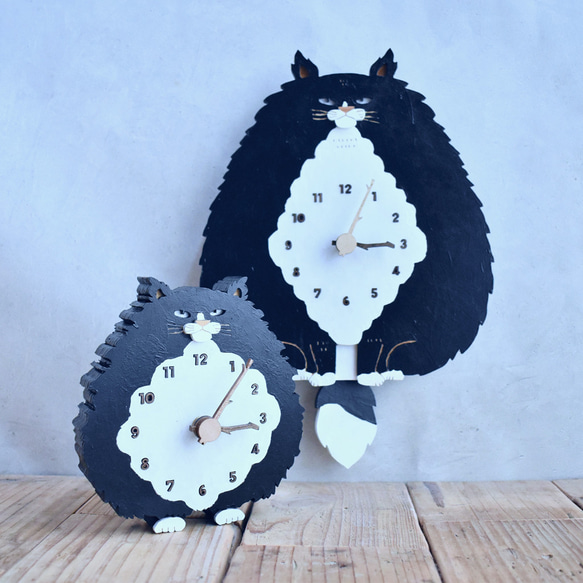 ハチワレ猫＊ロングの時計 木製 置き時計 4枚目の画像