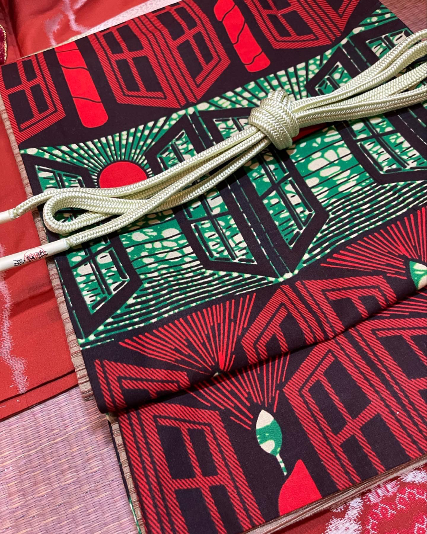 Sale❣️京袋帯　アフリカの日の出とろうそく 腰紐付き　新しい年明け和ラボ帯やオリジナル