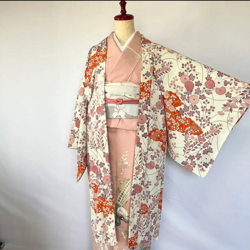 新品 正絹 単衣 女物 長羽織 生成に秋草 着物 haori しば田（お休み 