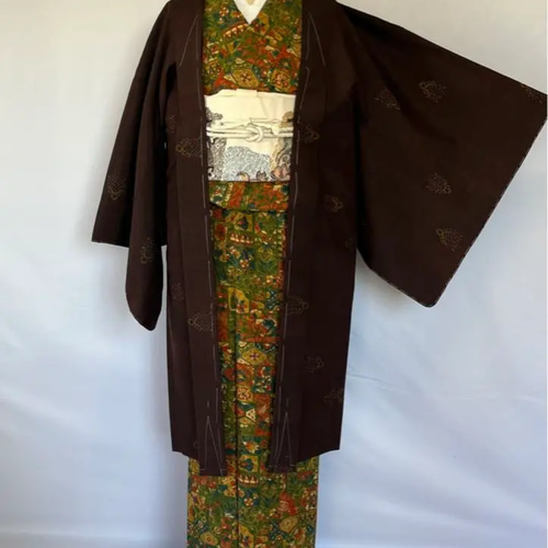 新品 正絹 単衣 女物 長羽織 こげ茶 紬 着物 haori しば田 通販