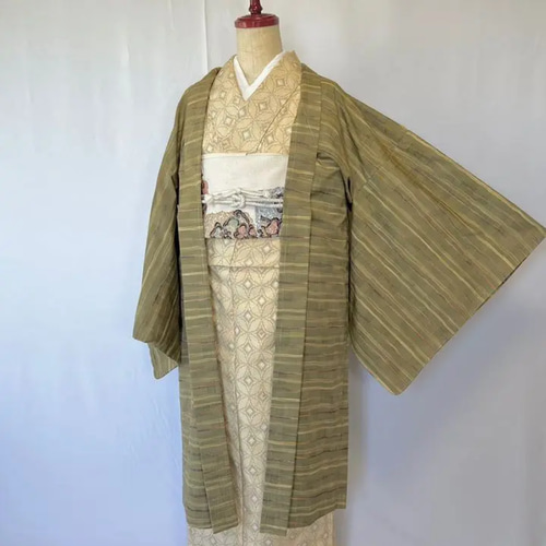 新品 正絹 単衣 女物 長羽織 横段 紬 着物 haori しば田（お休み 