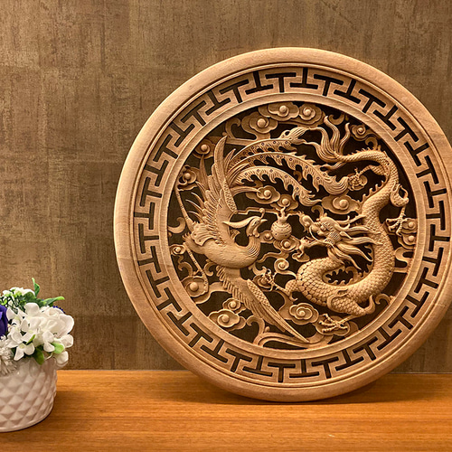 秋割】龍鳳呈祥 48cm （鳳凰・龍・竜・雲) 大型参次元彫刻